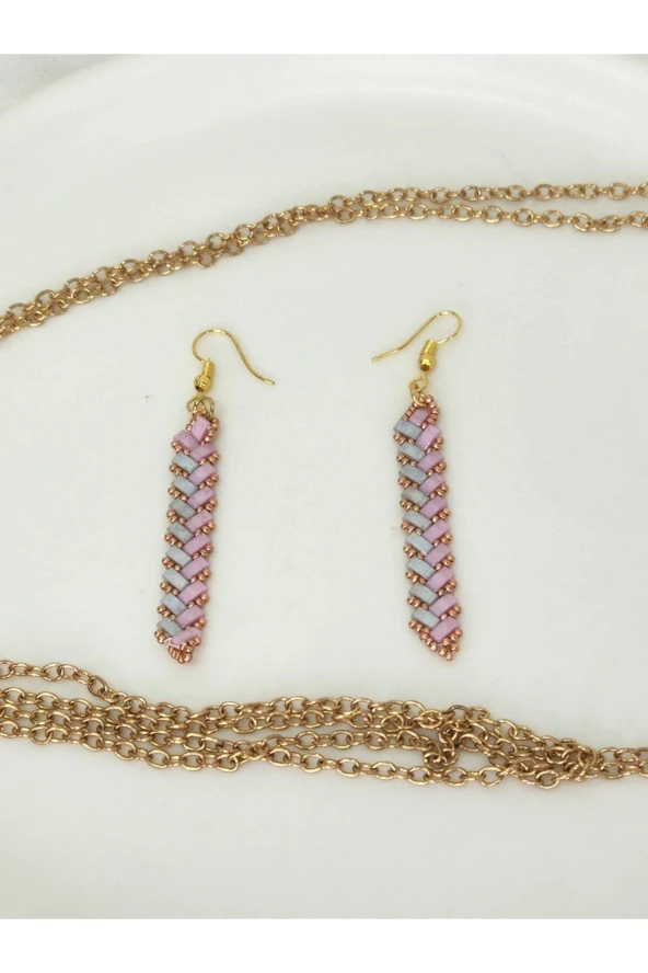 Miyuki Tila Taşlı Pembe Gümüş Bohem Etnik El Yapımı Küpe - 3