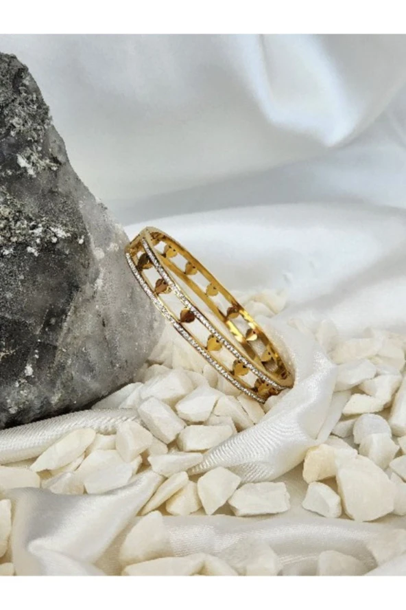 316 L Çelik Kalp Model Zirkon Taşlı Altın Kaplama Gold Renkli Kelepçe Bileklik - 1