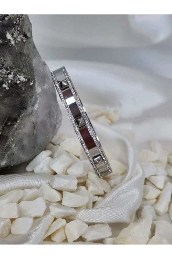 316 L Çelik Zirkon Taşlı Silver Beyaz Renkli Kelepçe Bileklik - 1