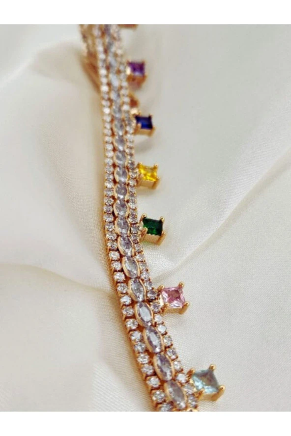 Zirkon Renkli Taşlı Kelepçealtın Kaplama Bileklik