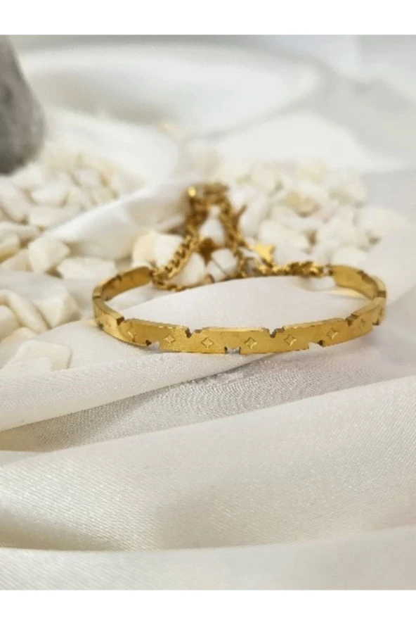 İkili Yıldız Gurmet Zincir Yıldız Figürlü Kelepçe Çelik Bileklik - Resim 2