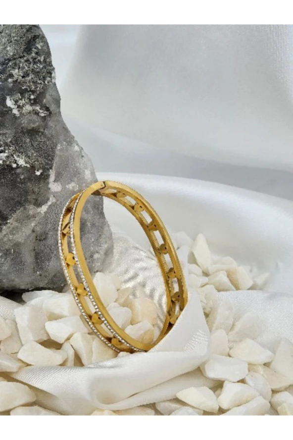316 L Çelik Kalp Model Zirkon Taşlı Altın Kaplama Gold Renkli Kelepçe Bileklik - 2
