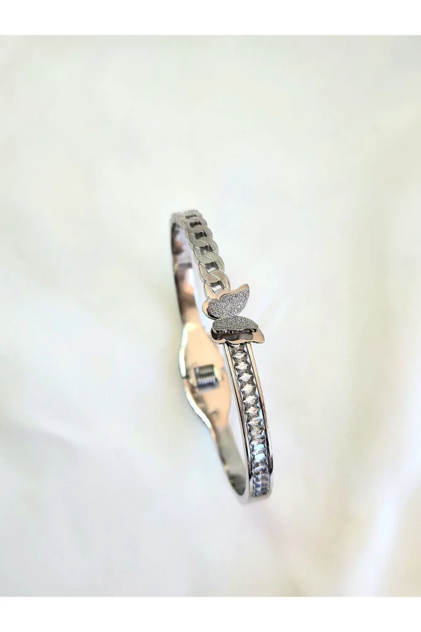 316 L Çelik Kelebek Silver Beyaz Renkli Kelepçe Bileklik - Resim 3