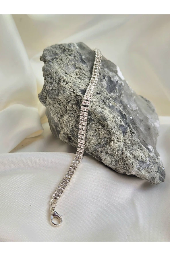 İki Sıralı Kristal Su Yolu Silver Gümüş Renk Bileklk - Resim 2