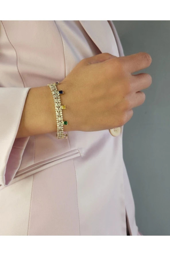 Zirkon Renkli Taşlı Kelepçealtın Kaplama Bileklik - 2