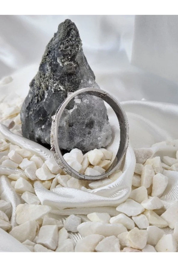 316 L Çelik Zirkon Taşlı Silver Beyaz Renkli Kelepçe Bileklik - 4
