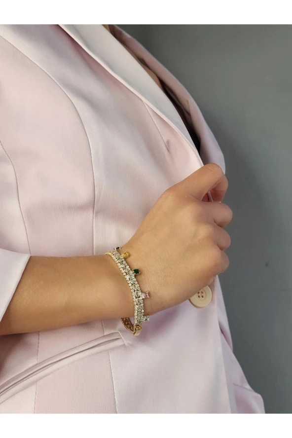 Zirkon Renkli Taşlı Kelepçealtın Kaplama Bileklik - 3