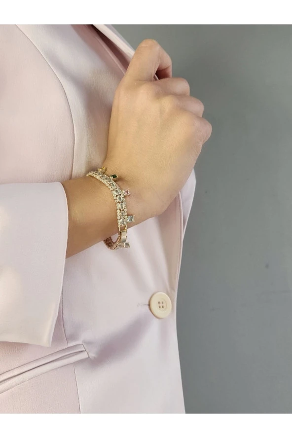 Zirkon Renkli Taşlı Kelepçealtın Kaplama Bileklik - 4