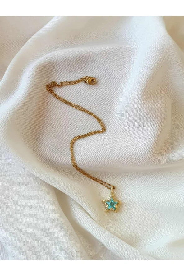 Yıldız Altın Kaplama Zirkon Mavi Taşlı Kolye ürün görseli