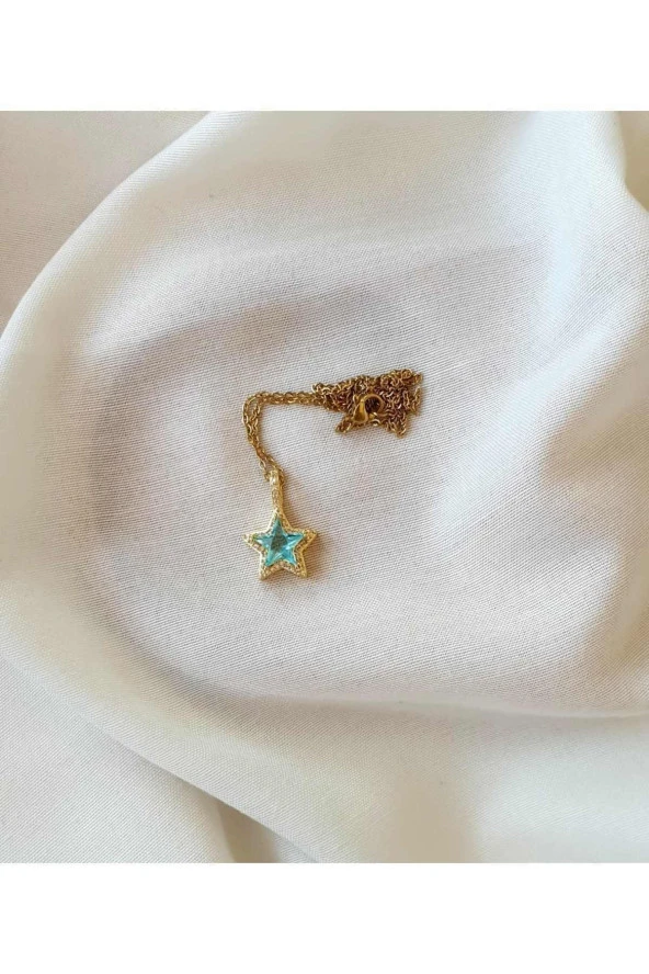 Yıldız Altın Kaplama Zirkon Mavi Taşlı Kolye - Resim 2