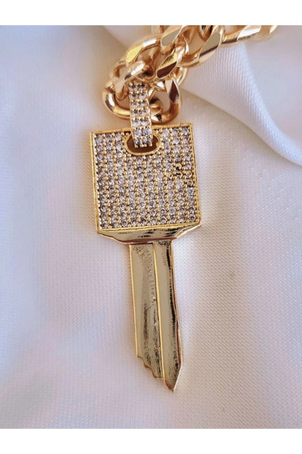 Anahtar Kilit Model Altın Kaplama Gold Renk Çelik Kolye - 3