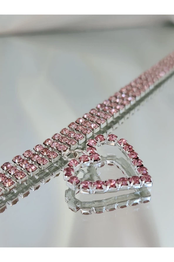 Kalp Uçlu 3 Sıralı Pembe Choker Kolye - 3
