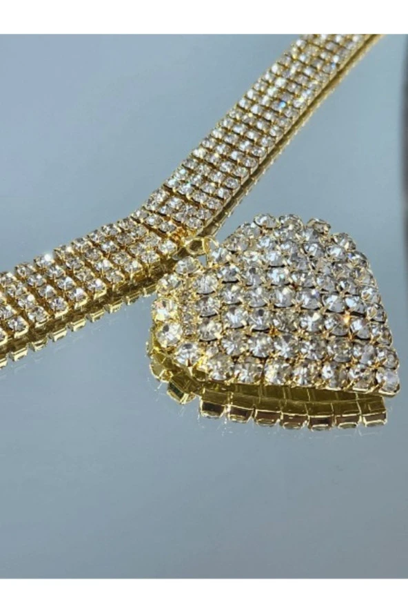 Kristal Taşlı 4 Sıra Model Kalp Figürlü Choker Tasma Gerdanlık Gümüş Renkli Rhinestone Kolye - 2