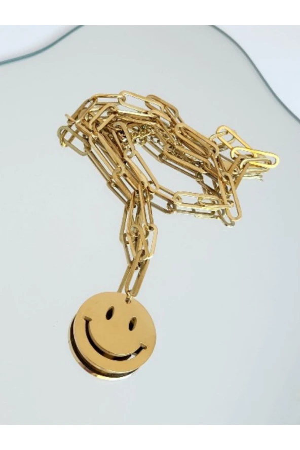 Çelik Gülen Smile Emoji Model Uzun Altın Kaplama Gold Kolye