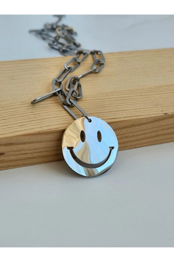 Çelik Gülen Smile Emoji Model Uzun Kolye - Resim 2
