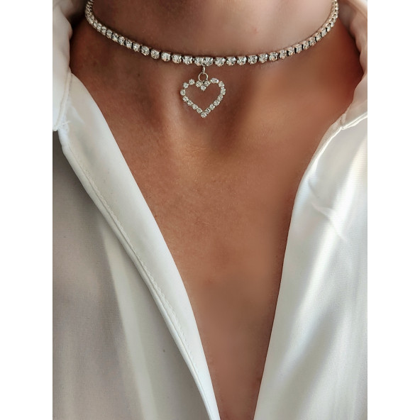 Kristal Taşlı Kalp Love Beyaz Gümüş Renkli Choker Kolye - 3