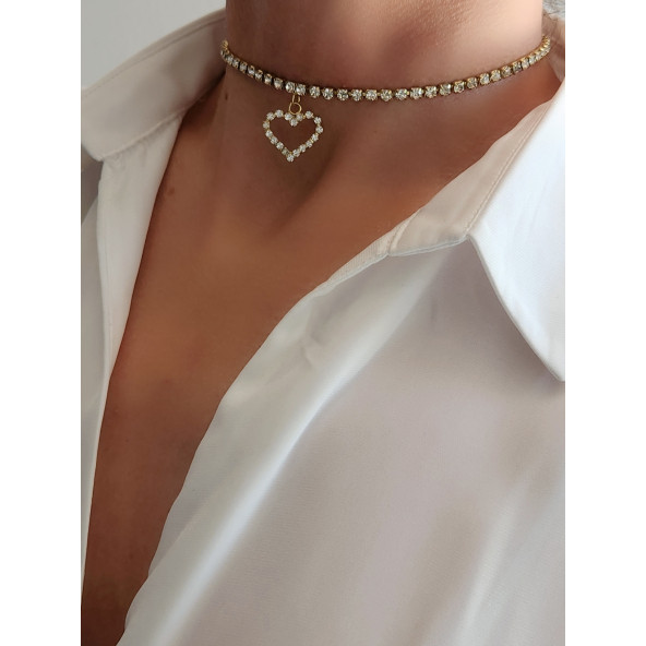 Kristal Taşlı Kalp Love Altın Kaplama Gold Sarı Renkli Choker Kolye - Resim 3