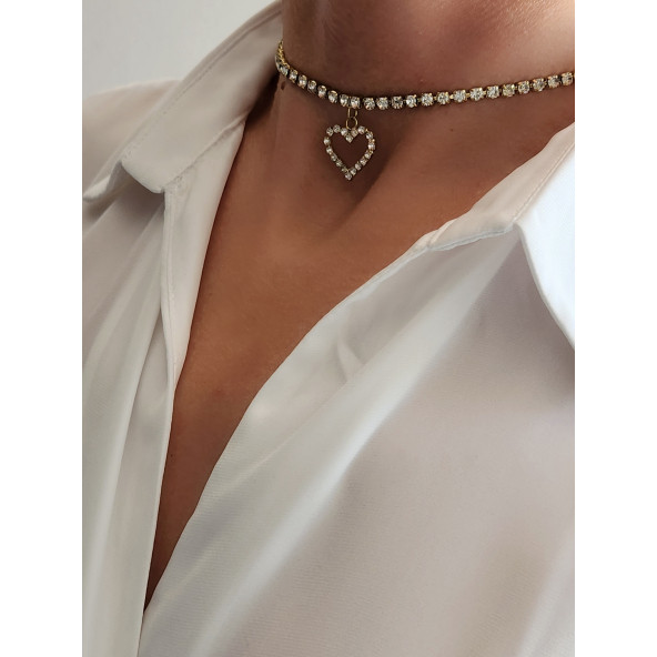 Kristal Taşlı Kalp Love Altın Kaplama Gold Sarı Renkli Choker Kolye - Resim 4