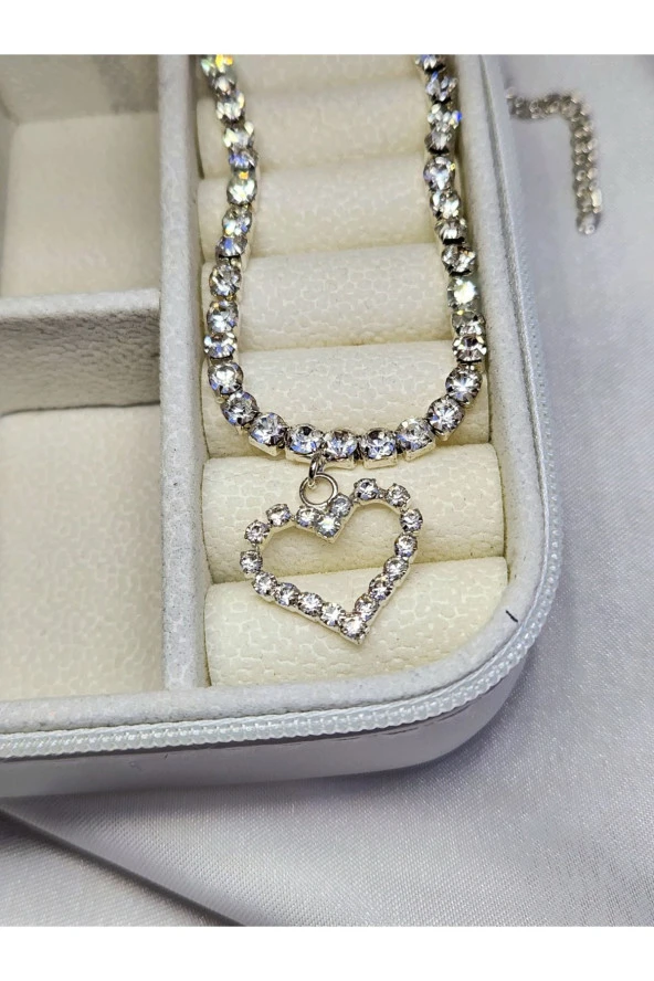 Kristal Taşlı Kalp Love Beyaz Gümüş Renkli Choker Kolye - 2
