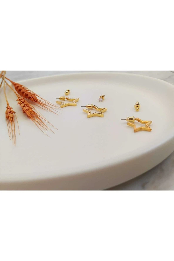 Yıldız 3'lü Altın Kaplama Küpe Seti