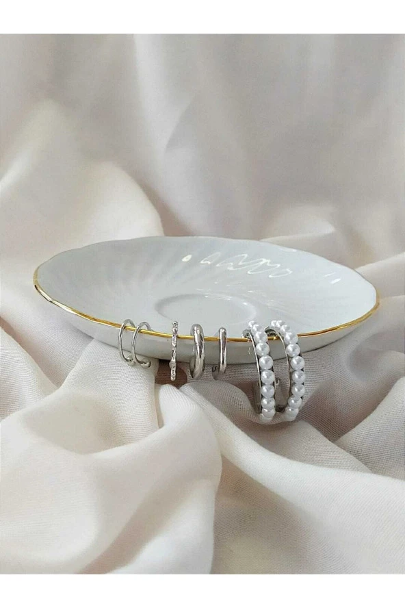 8' Li Incili Gümüş Renkli Küpe Seti ürün görseli