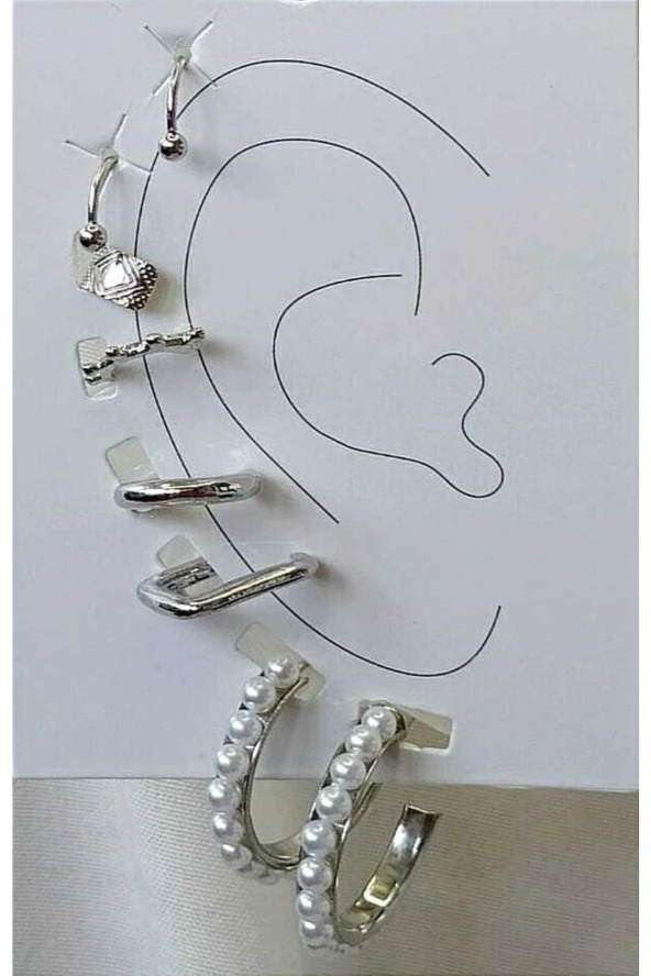 8' Li Incili Gümüş Renkli Küpe Seti - Resim 3