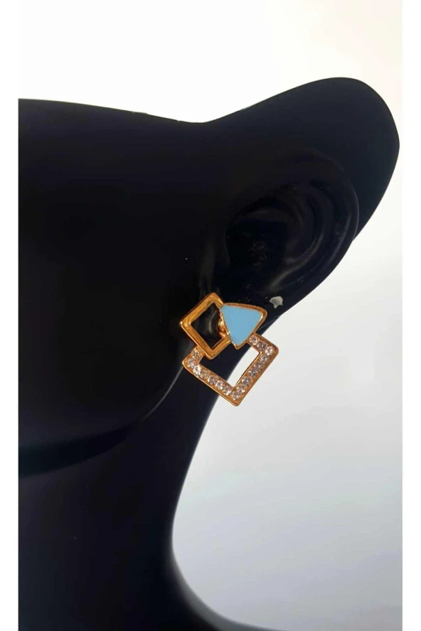 Altın Kaplama Gold Neon Mineli Turkuaz Kare Zirkon Taşlı Minimalist Küpe ürün görseli