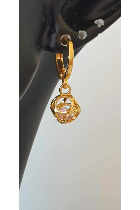 Xuping Jewelry Pembe Zirkon Taş Sallantılı Top Altın Kaplama Küpe - Resim 3