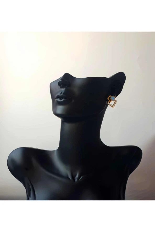 Altın Kaplama Gold Neon Mineli Turkuaz Kare Zirkon Taşlı Minimalist Küpe - Resim 2