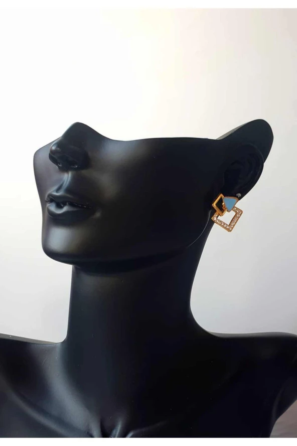 Altın Kaplama Gold Neon Mineli Turkuaz Kare Zirkon Taşlı Minimalist Küpe - Resim 3