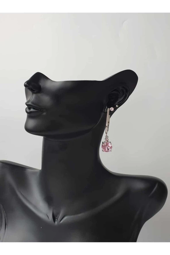 Pembe Taşlı 4'lü Gümüş Renkli Küpe - Resim 2