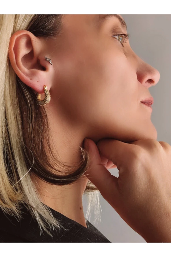 Arp Model Minimal Zirkon Taşlı Zarif Gold Renk Çelik Küpe ürün görseli