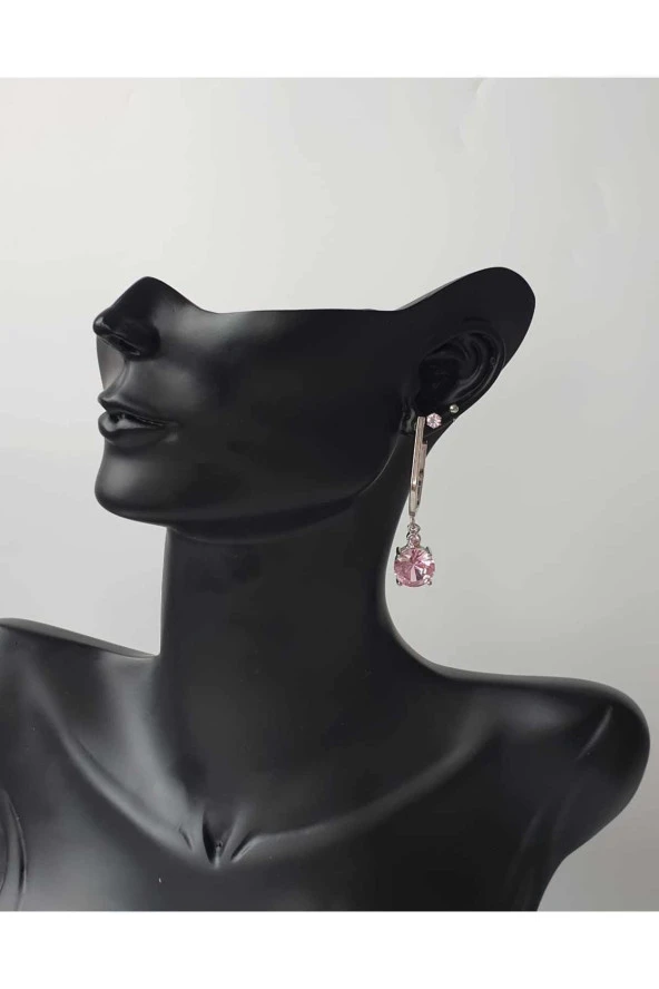 Pembe Taşlı 4'lü Gümüş Renkli Küpe - Resim 3