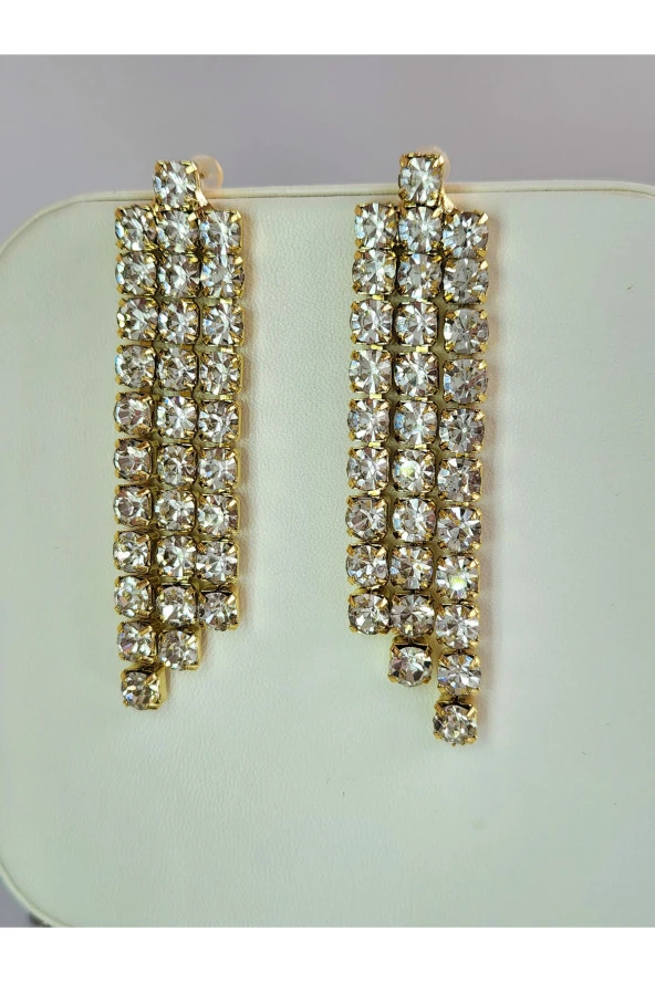 Taşlı Sallantılı Gold Renk Küpe - Resim 2