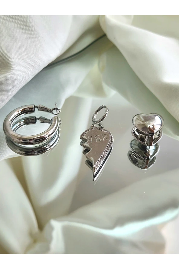 3'lü Halka Kalp Tombik Silver Gümüş Renk Çelik Küpe Seti ürün görseli