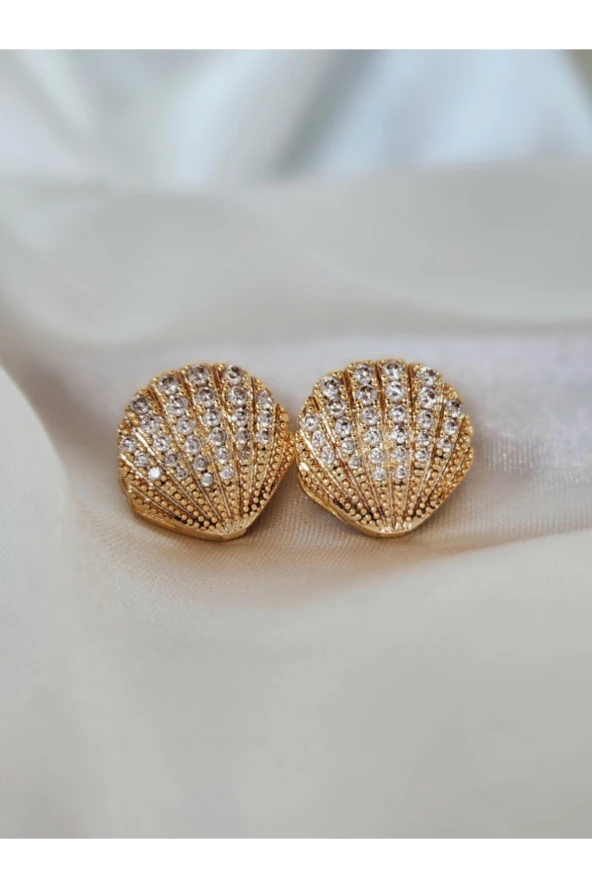 Midye İstiridye Figürlü Altın Kaplama Gold Renk Çelik Küpe - Resim 3