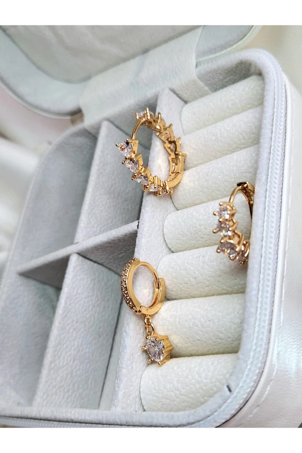 3'lü Zirkon Damla Taşlı Halka Altın Kaplama Gold Renk Çelik Küpe Seti ürün görseli