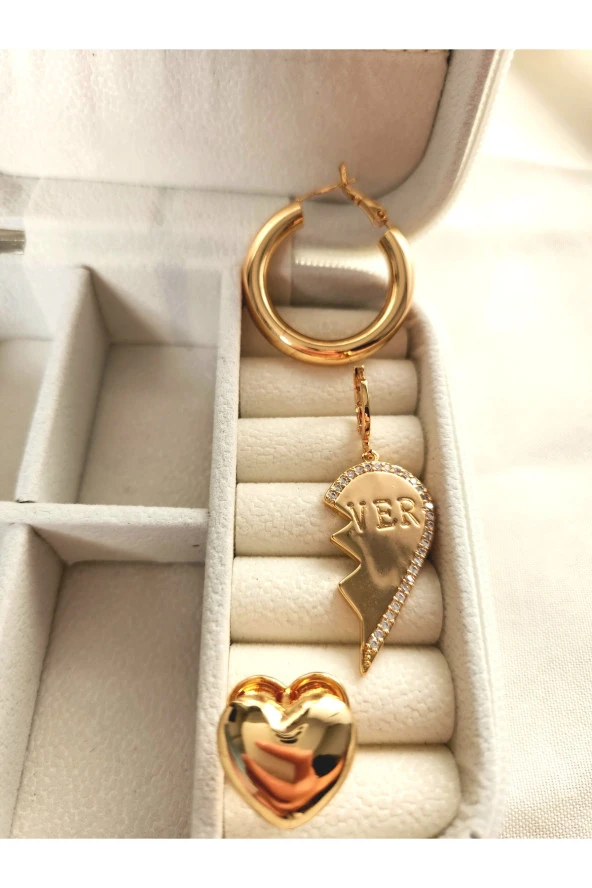 3'lü Halka Kalp Tombik Altın Kaplama Gold Renk Çelik Küpe Seti ürün görseli