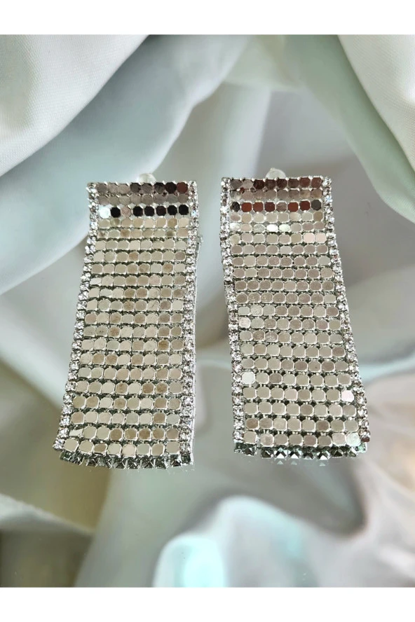 Arpa Pullu Taşlı Gümüş Silver Renk Küpe