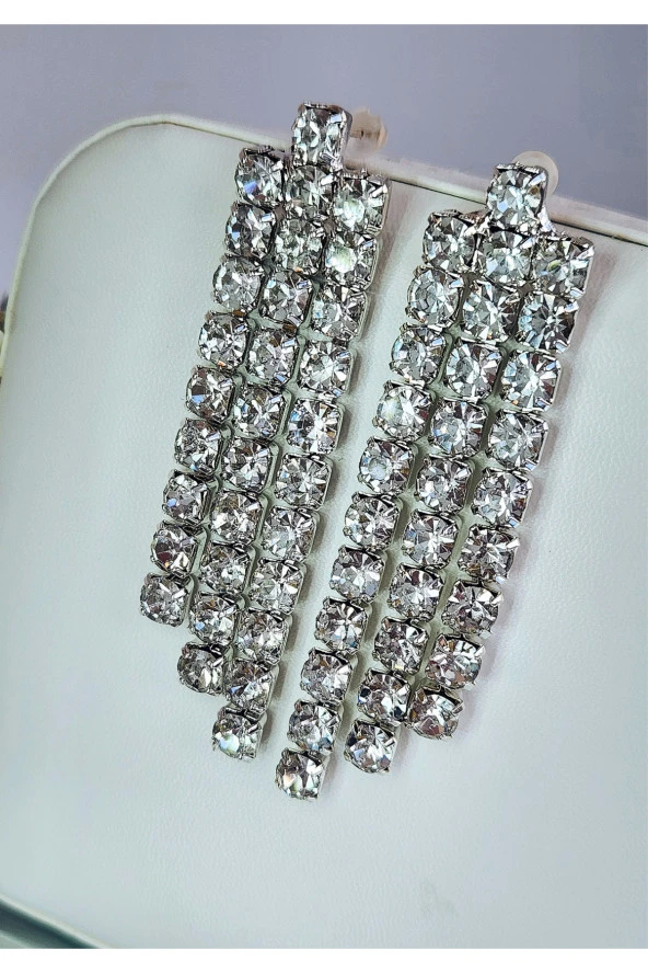 Taşlı Sallantılı Silver Renk Küpe - Resim 2