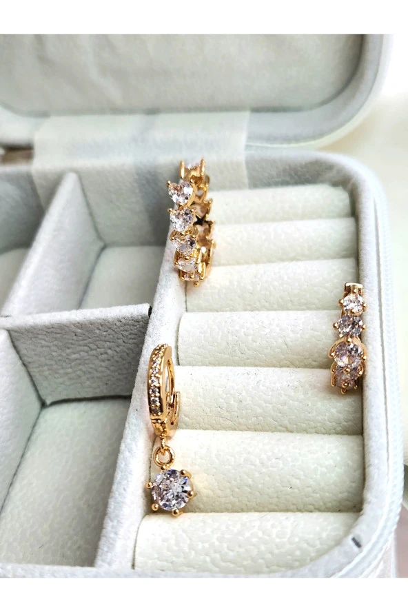 3'lü Zirkon Damla Taşlı Halka Altın Kaplama Gold Renk Çelik Küpe Seti - Resim 2