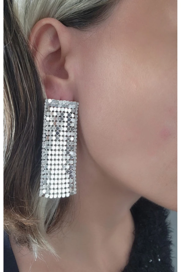 Arpa Pullu Taşlı Gümüş Silver Renk Küpe - Resim 2