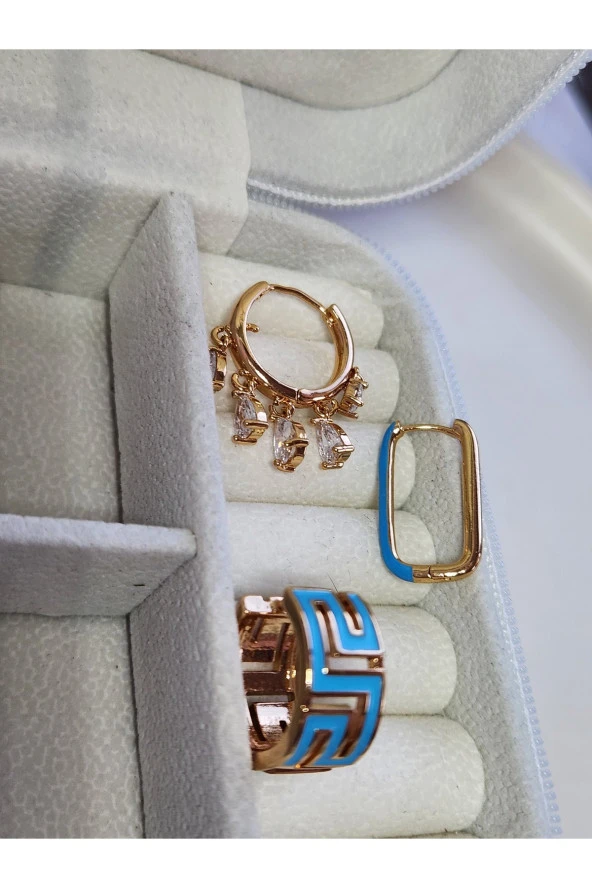 3'lü Mineli Mavi Halka Shakira Dikdörtgen Çelik Gold Küpe Seti - 2