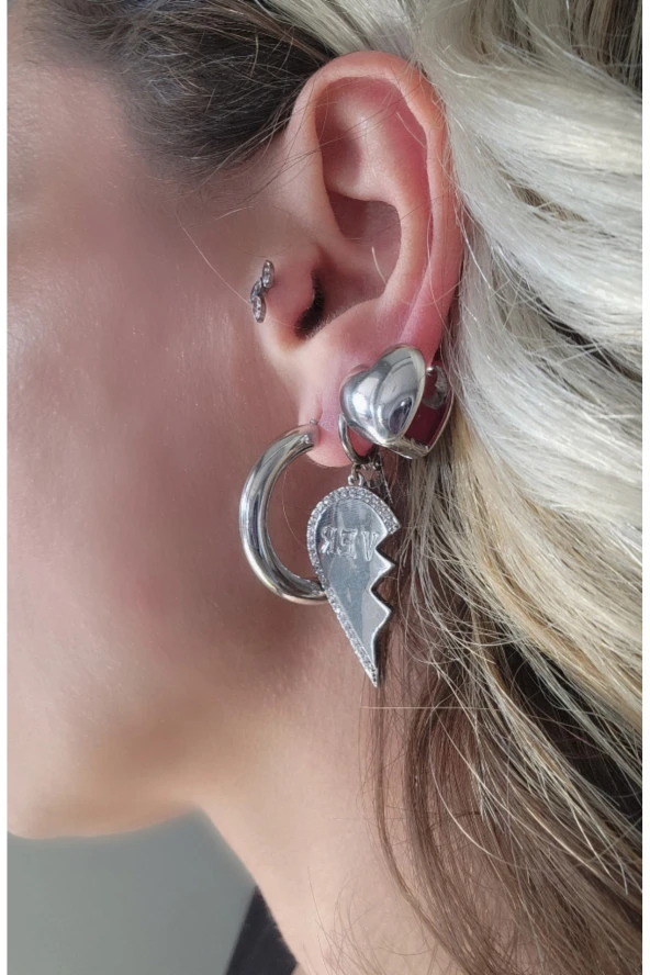 3'lü Halka Kalp Tombik Silver Gümüş Renk Çelik Küpe Seti - Resim 4