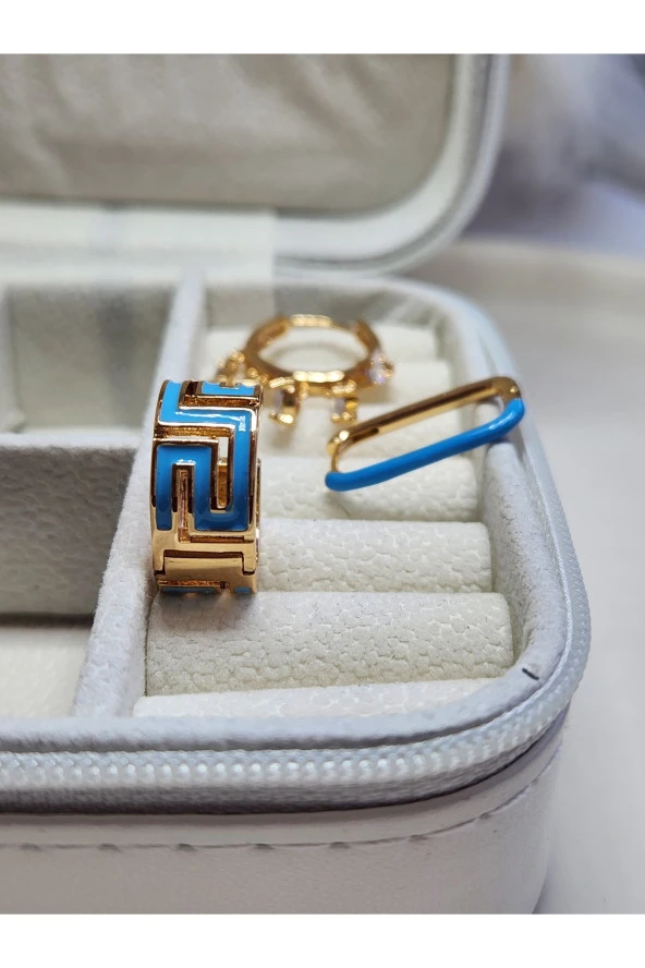 3'lü Mineli Mavi Halka Shakira Dikdörtgen Çelik Gold Küpe Seti - 3