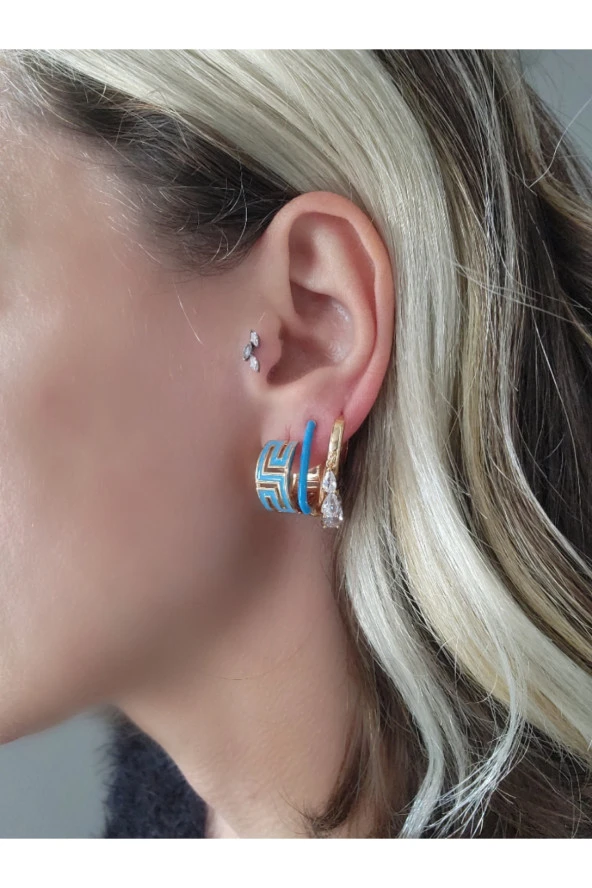 3'lü Mineli Mavi Halka Shakira Dikdörtgen Çelik Gold Küpe Seti - 4