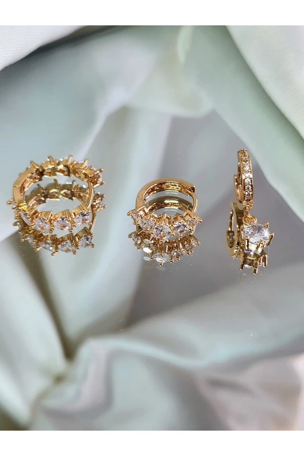 3'lü Zirkon Damla Taşlı Halka Altın Kaplama Gold Renk Çelik Küpe Seti - Resim 4