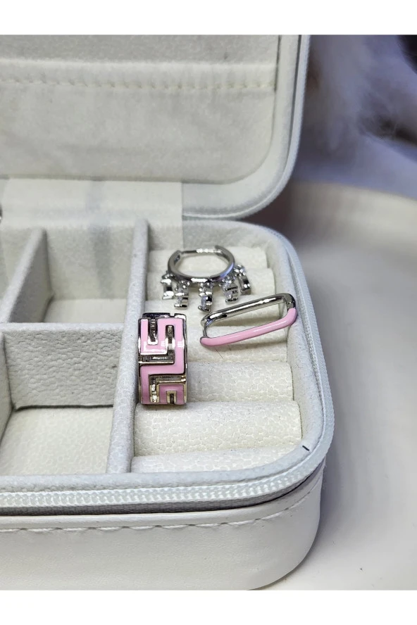 3'lü Mineli Pembe Halka Shakira Dikdörtgen Çelik Silver Küpe Seti - 3