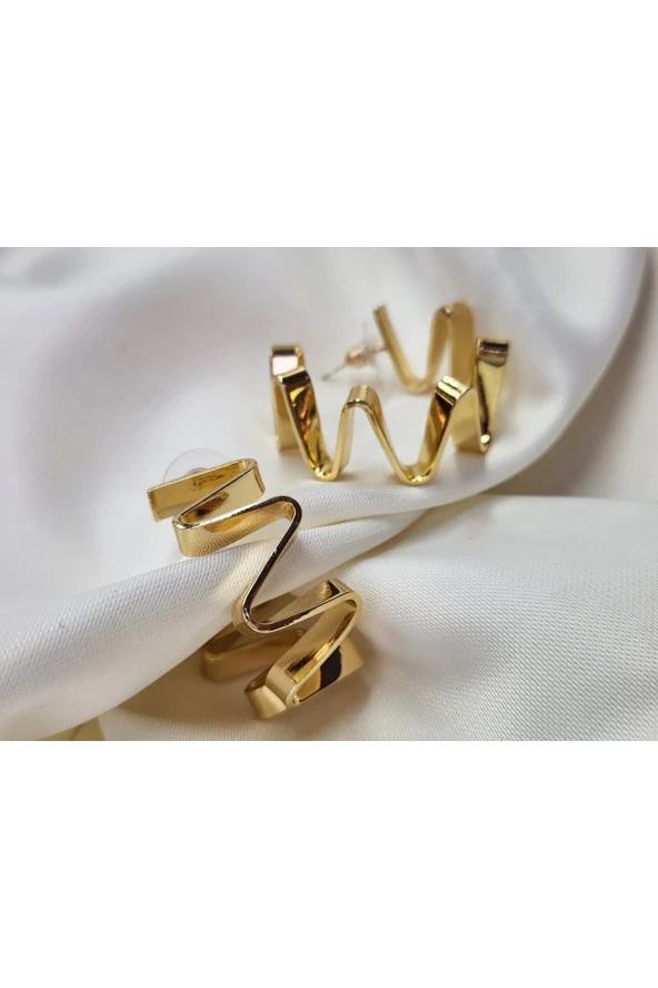 Zikzak Model Halka Altın Kaplama Renk Küpe - Resim 3