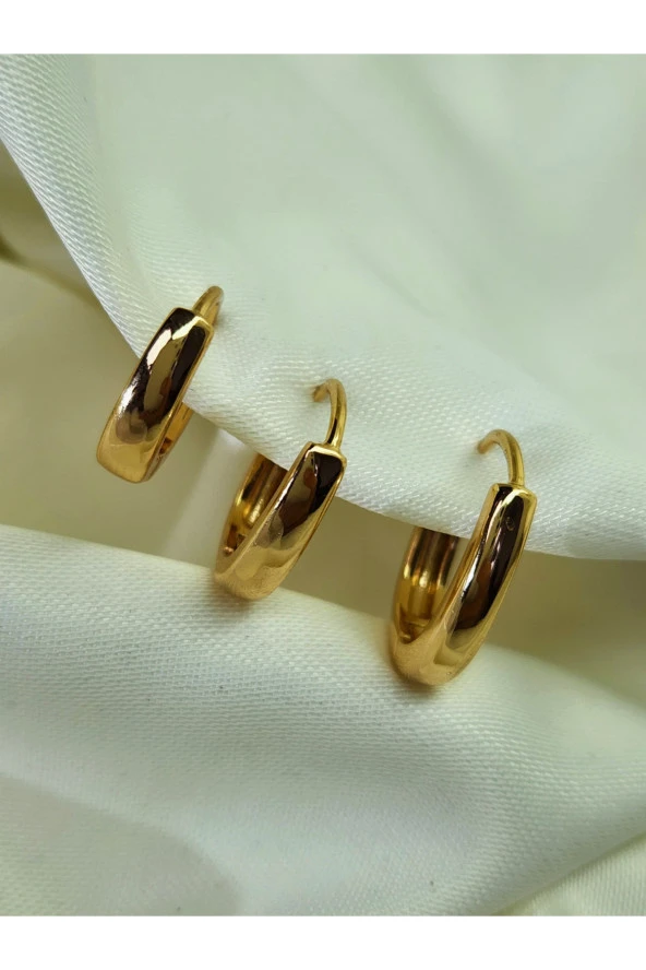 3'lü Klasik Zarif Oval Halka Model Altın Kaplama God Renk Küpe Seti - Resim 3